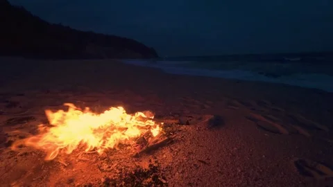 Bonfire Burning on a Dark Sandy Beach at Twilight near the Ocean 스톡 동영상 331533893