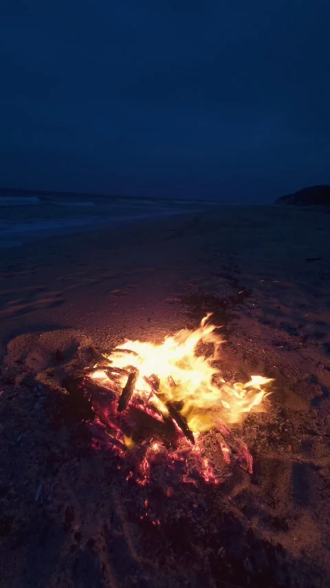 Bonfire Burning on a Dark Sandy Beach at Twilight near the Ocean 스톡 동영상 331533912