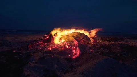 Bonfire Burning on a Dark Sandy Beach at Twilight near the Ocean Видео 331534115