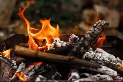 Bonfire burning flame close-up view from above Fotos Stock