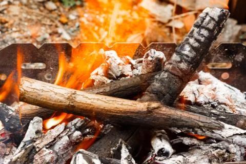 Bonfire burning flame close-up view from above 스톡 사진