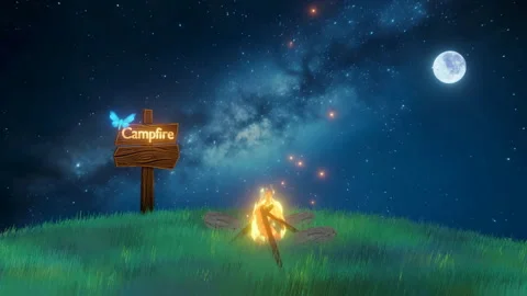 Bonfire Burning On A Grassy Hill At Night. Campfire Lofi Animation. Firepla.. Stock Footage 246003117