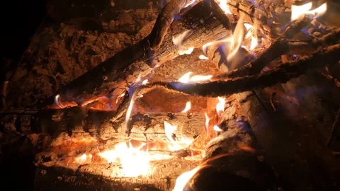 Bonfire burning at night. Camera movement up and down. Video stock 120713912