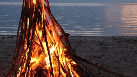 Bonfire burning on the riverbank  on the sunset Stock Footage 80976152