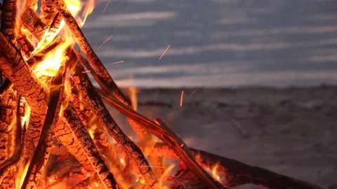 Bonfire burning on the riverbank  on the sunset Stock Footage 80976166