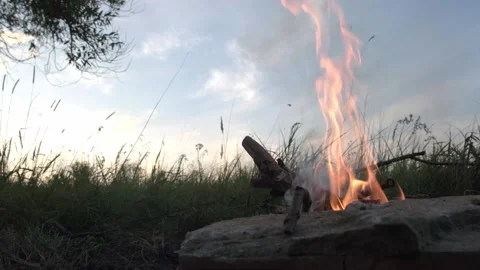 The bonfire burns against the background of the evening sky Stock Footage 139768223