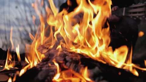 A bonfire burns. Close-up of flames. Summer evening. Slow motion Stock Footage 130731282