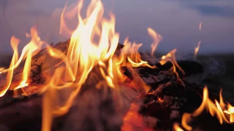 A bonfire burns. Close-up of flames. Summer evening. Slow motion Stock Footage 130734402