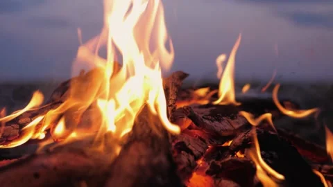 A bonfire burns. Close-up of flames. Summer evening. Slow motion Stock Footage 130734575