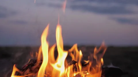 A bonfire burns. Close-up of flames. Summer evening. Slow motion Stock Footage 130734732