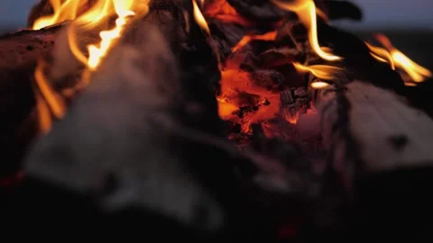 A bonfire burns. Close-up of flames. Summer evening. Slow motion Stock Footage 130735653