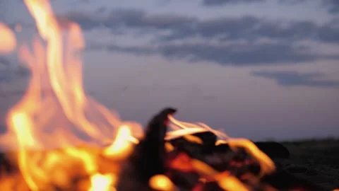 A bonfire burns. Close-up of flames. Summer evening. Slow motion Stock Footage 130736225