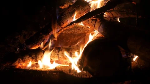 Bonfire burns at night. Camera movement close to fire. Stock Footage 120713825