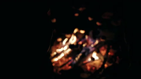 Bonfire burns at night. Close-up of flames. Summer evening. Slow motion, 4k Stock Footage 134713376