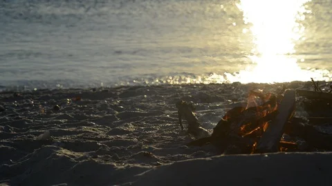 Bonfire burns on the seashore next to waves Video stock 96736410