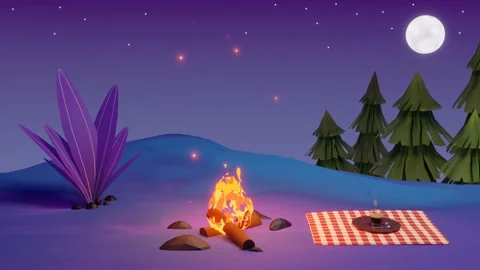 Bonfire Camping On The Cliff At Night: Lofi Loop Animation Stock Footage 251369939