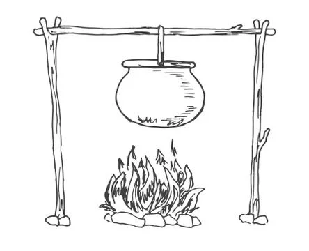 Bonfire. Cauldron hanging over the fire. Stock Illustration