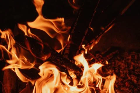 A bonfire in close-up, flames, charred pieces of logs and ashes in the open air Stock Photos