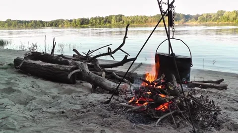 Bonfire on the coast river Stock Footage 46214137