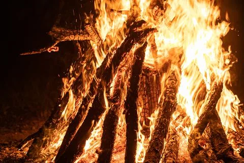 Bonfire with emphasis on the shape of the fire in its orange color, with the Stock Photos