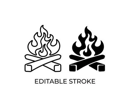 Bonfire, fire, flame, burning and firewood, editable stroke, silhouette Stock Illustration