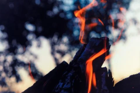 Bonfire flame close up at sunset or sunrise Stock-Fotos