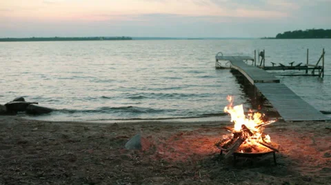 Bonfire Flames in Fire Pit at Beach Sunset Stock Footage 51181799