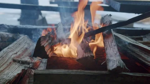 Bonfire By A Lake During Winter Stock Footage 170894077