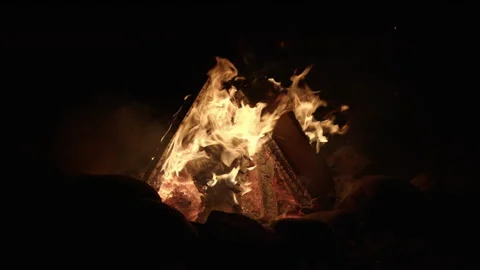 Bonfire made of logs and surrounded by stones in darkness in slow motion Stock Footage 194499002
