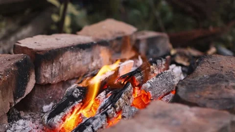 A bonfire made at night in the forest close-up, sparks and a beautiful flame. Stock Footage 159878052