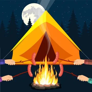 Bonfire with marshmallow. Illustrazione stock