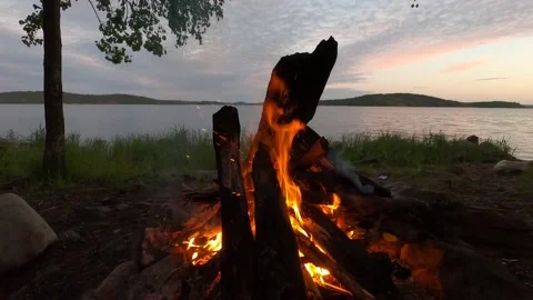 Bonfire at night on the background of the lake Stock Footage 155693974