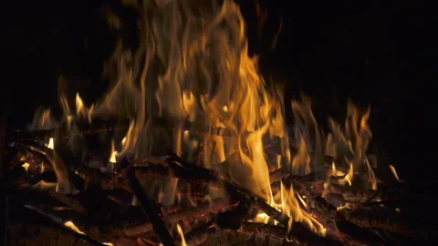 Bonfire at night close up, 240 fps slow motion Stock Footage 98152473