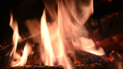 Bonfire at night, logs are burning, sparks are flying. Fire flame close-up. Видео 197574566