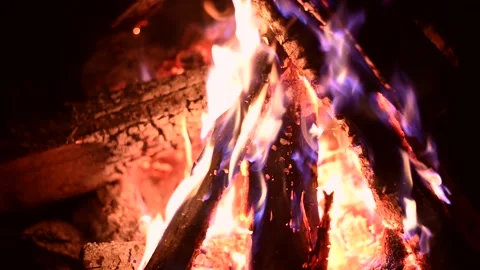 Bonfire at night, logs are burning, sparks are flying. Fire flame close-up. Stock Footage 197574598