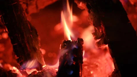 Bonfire at night, logs are burning, sparks are flying. Fire flame close-up. 스톡 동영상 201126752