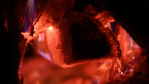 Bonfire at night, logs are burning, sparks are flying. Fire flame close-up. 動画素材 201186013