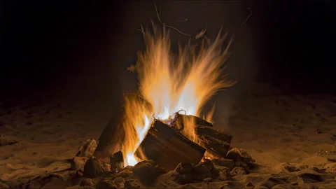 Bonfire Ocean Beach Searing Orange Hot Flames Timelapse Stock Footage 182298312