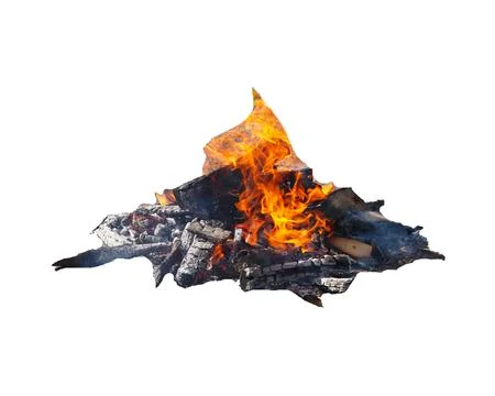 Bonfire, open fire, flame and black embers with logs - color photo on white.. Stock Photos