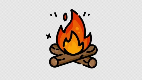 Bonfire set with bright orange yellow cartoon flames glowing embers and sparks Stockbeeldmateriaal 345703679