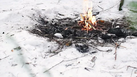 Bonfire on the snow in the winter forest. flame of fire on a halt in a hike Stock Footage 88330784