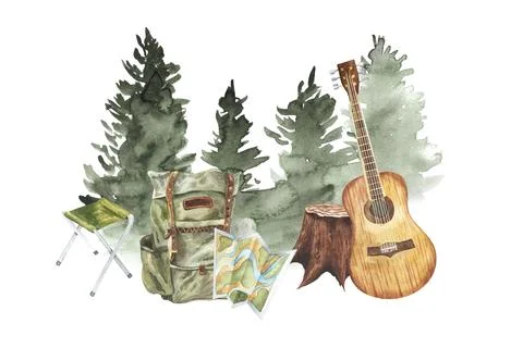 Bonfire, stump with guitar, forest backpack composition with map and chair Stock Illustration