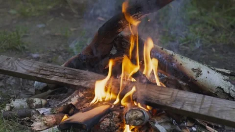 Bonfire on a summer evening. Yellow fire flames. Slow motion videos. Stock Footage 245264681