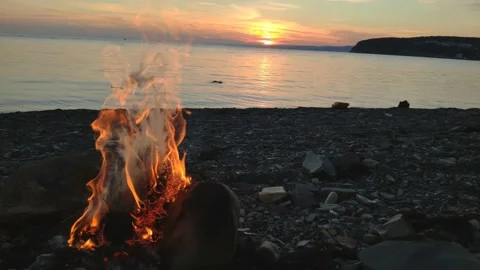 Bonfire at sunset on the sea Stock Footage 155691346