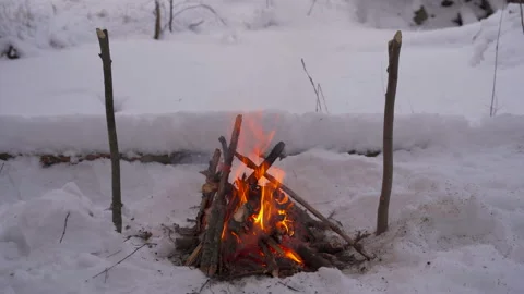 Bonfire in winter, everything is covered with snow 스톡 동영상 146572110