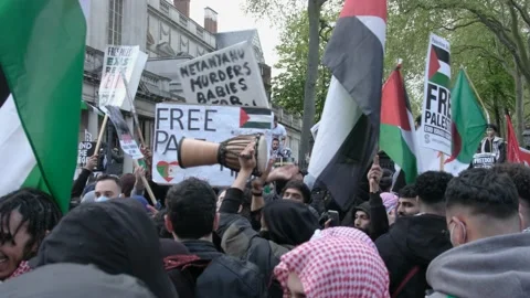 Bongo drum &amp; clapping in crowds at free Palestine protest, London Stock Footage 155503136
