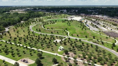 Bonnet Springs Park winding paths cut through rolling green lawns, scattered Stock Footage 339018457
