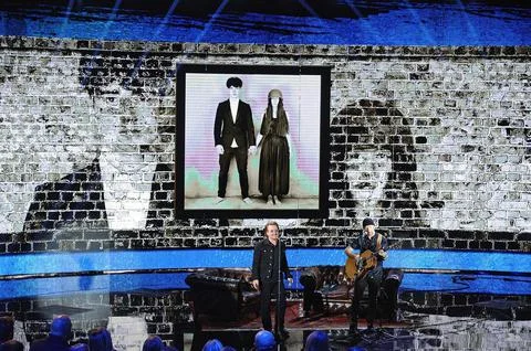 Bono and The Edge of Irish rock band U2 attend 'Che tempo che fa' TV Show., Mila Stock Photos