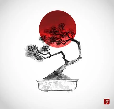 Bonsai pine tree and big red sun hand drawn with ink on white background Stock Illustration