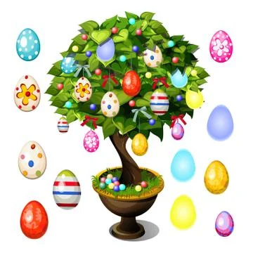 Bonsai tree decorated with Easter eggs for poster, invitation and other cards Stock Illustration
